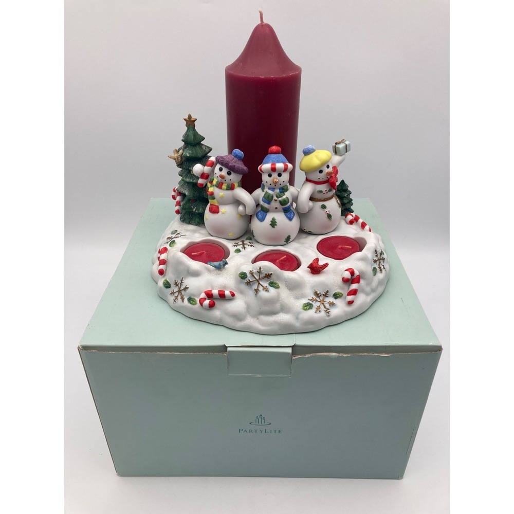 PartyLite Snowbell Tealight Pillar Holder P7650 Snowmen Christmas with Candles
